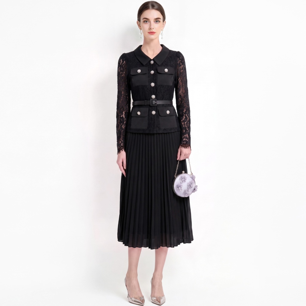 High waist slim with belt long sleeve lapel dress