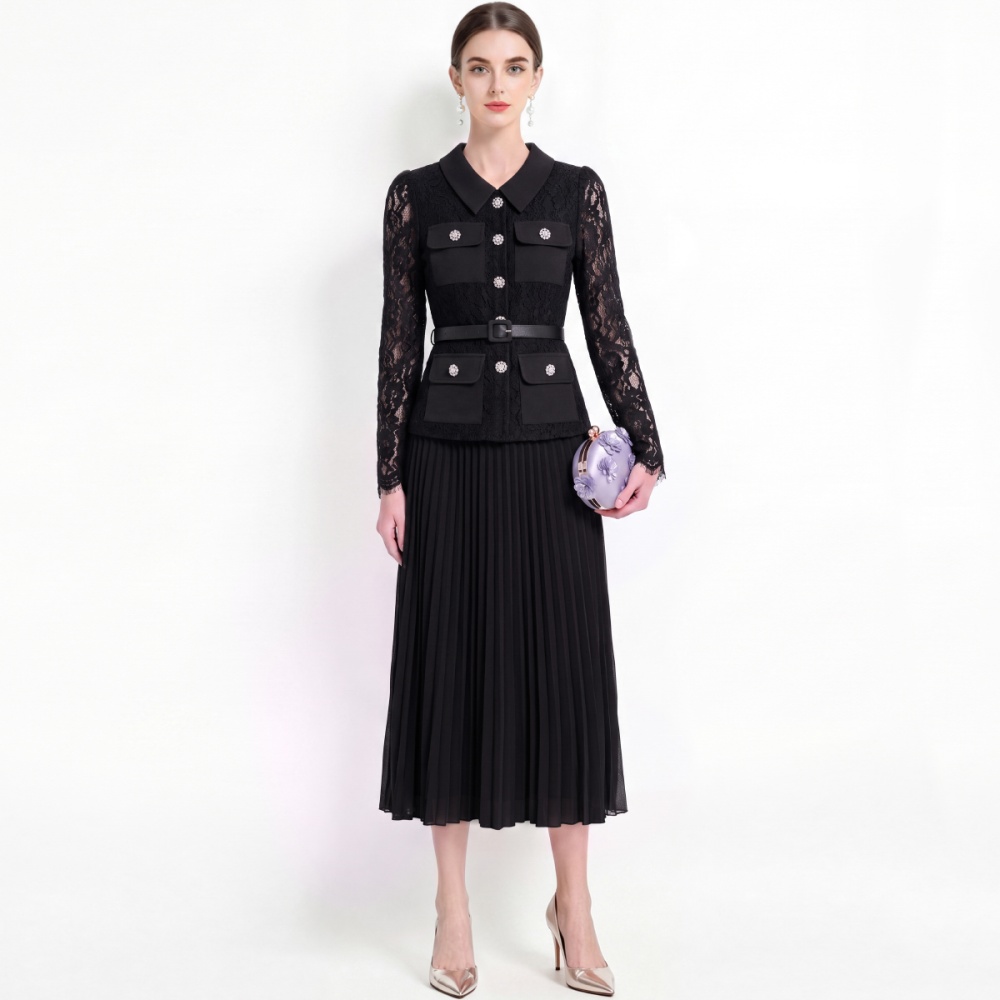 High waist slim with belt long sleeve lapel dress