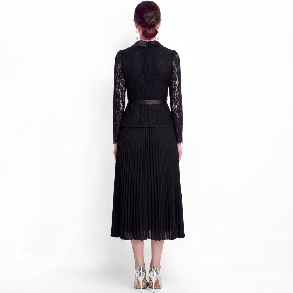 High waist slim with belt long sleeve lapel dress