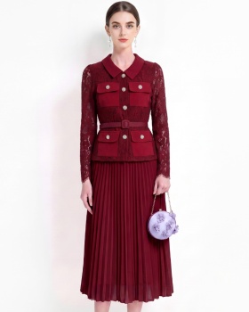 Pleated sweet style France style long sleeve lapel dress