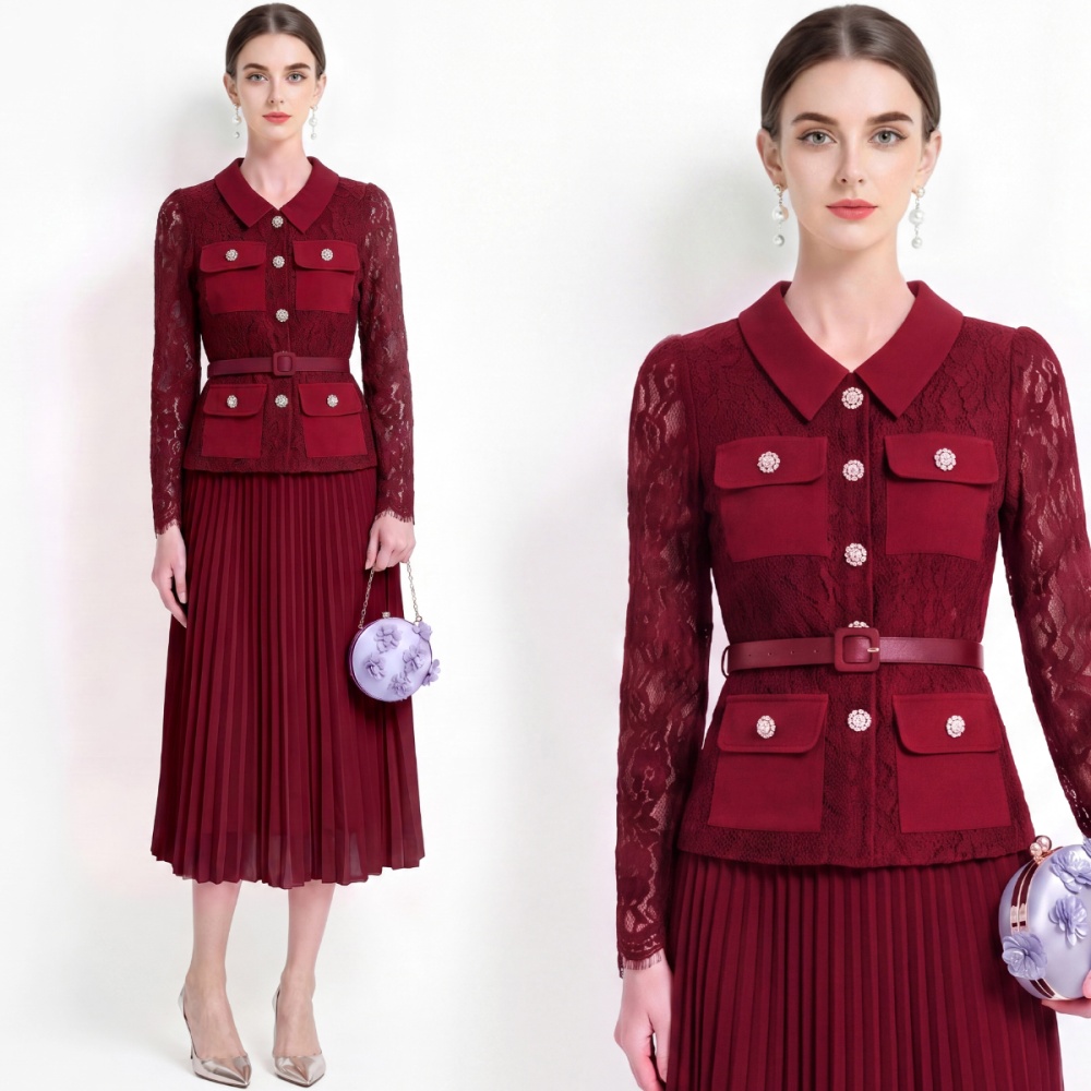 Pleated sweet style France style long sleeve lapel dress