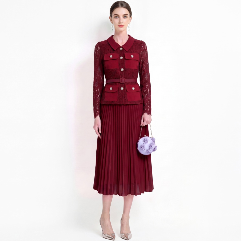 Pleated sweet style France style long sleeve lapel dress
