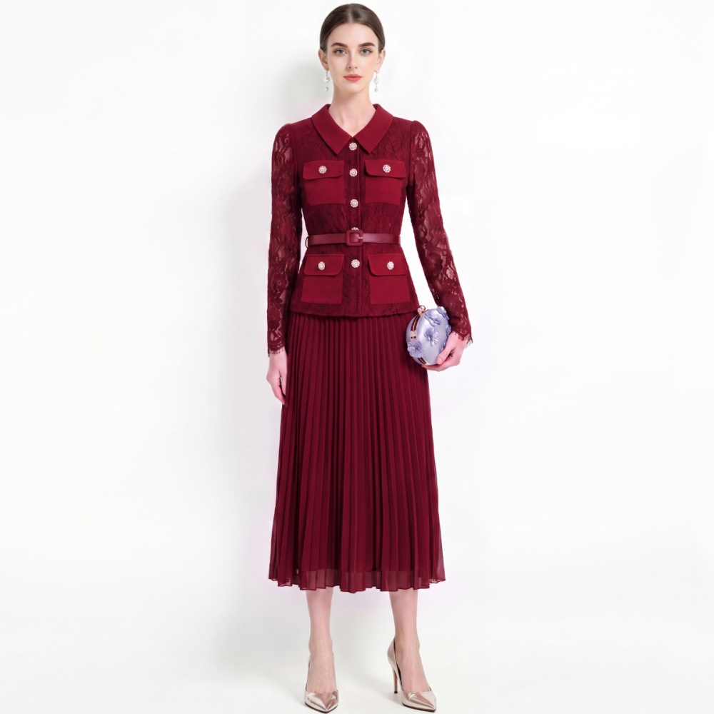 Pleated sweet style France style long sleeve lapel dress