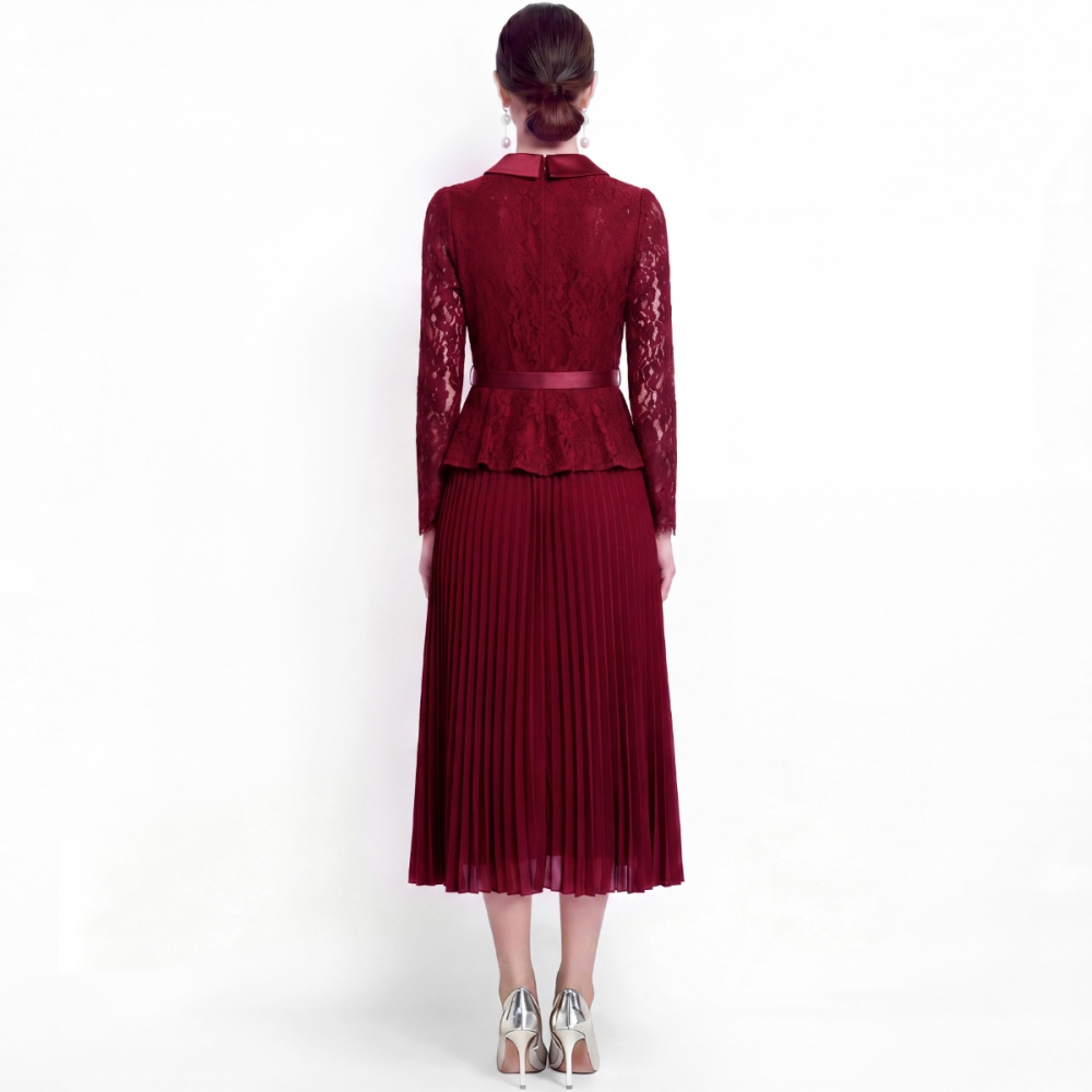 Pleated sweet style France style long sleeve lapel dress
