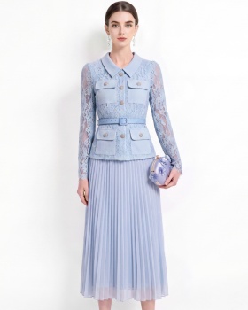 France style high waist lace pleated with belt slim dress