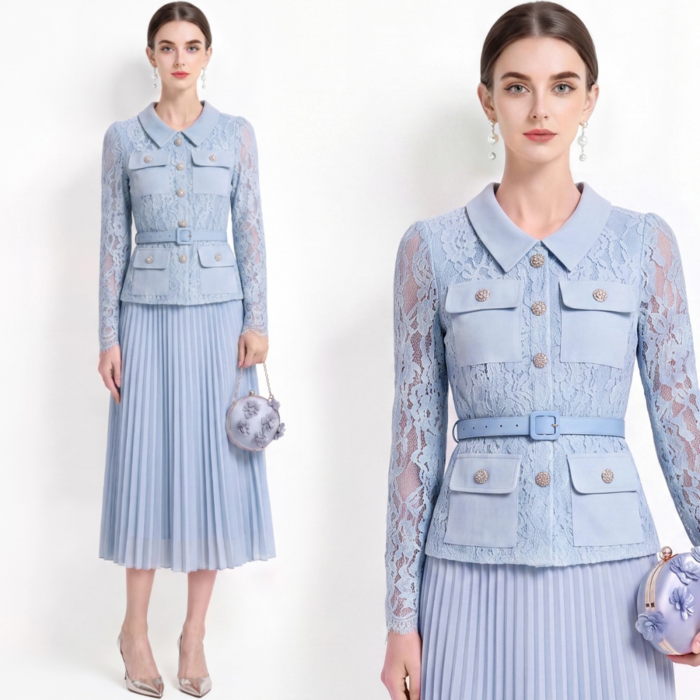 France style high waist lace pleated with belt slim dress