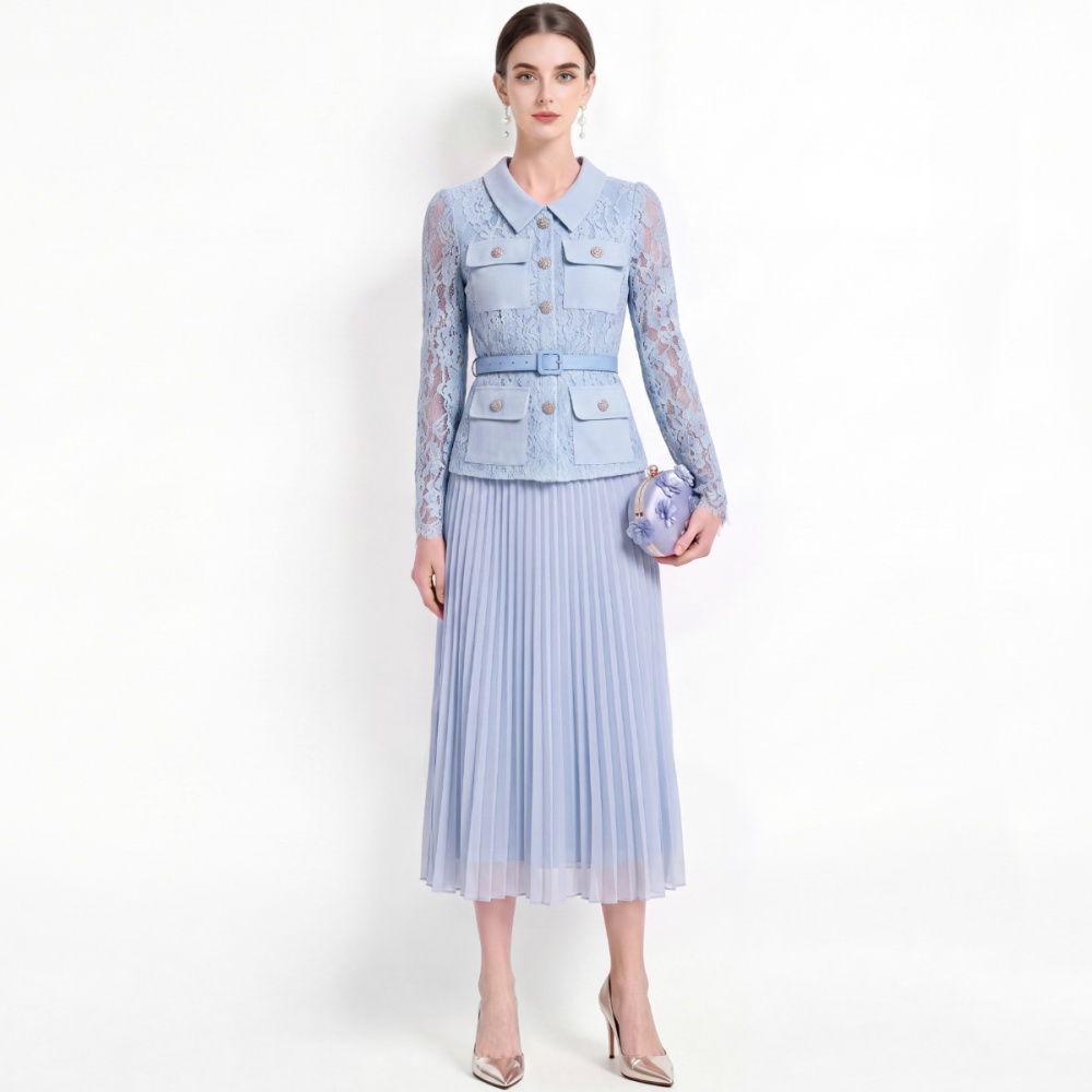 France style high waist lace pleated with belt slim dress