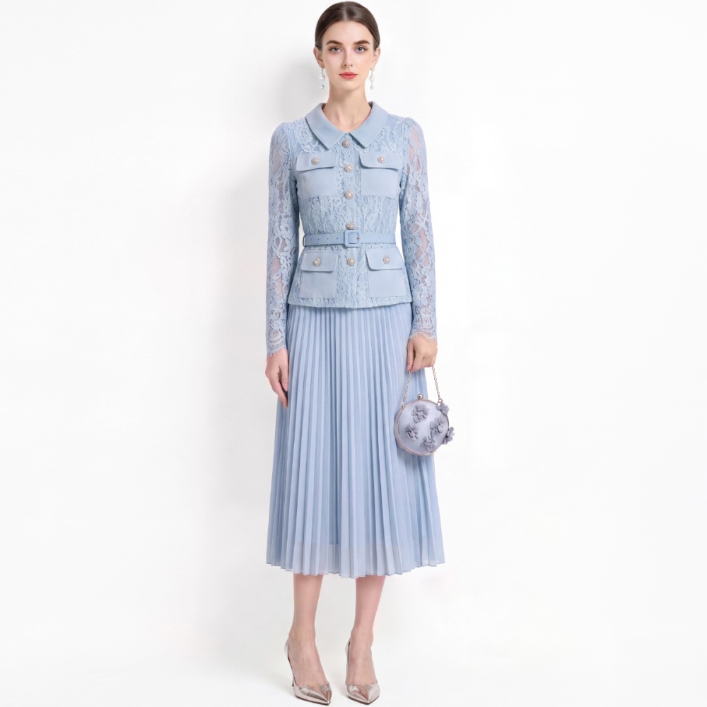 France style high waist lace pleated with belt slim dress