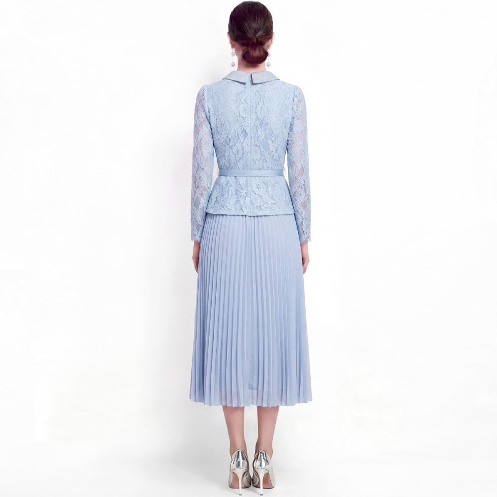 France style high waist lace pleated with belt slim dress