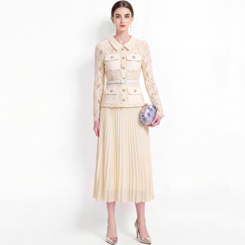 Lace sweet style Pseudo-two slim long sleeve dress