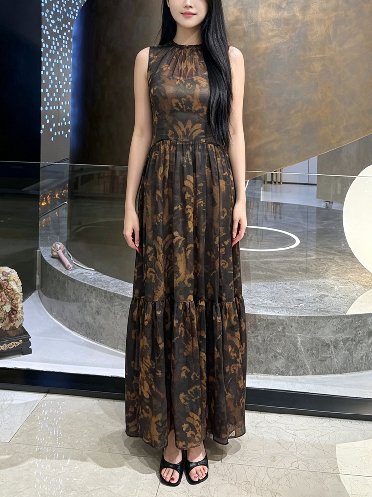 Long round neck vest printing spring and summer dress