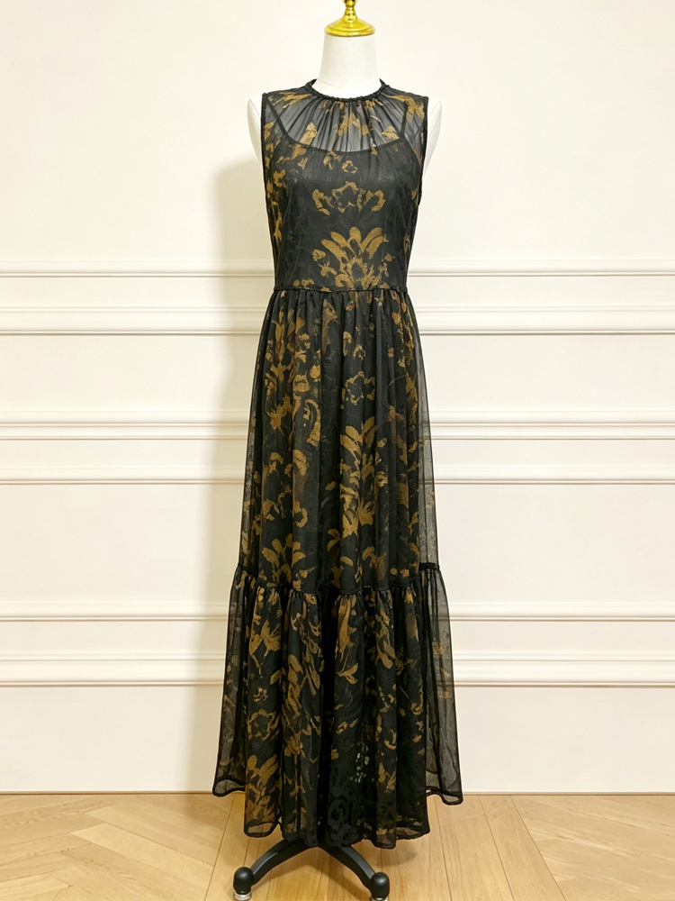 Long round neck vest printing spring and summer dress