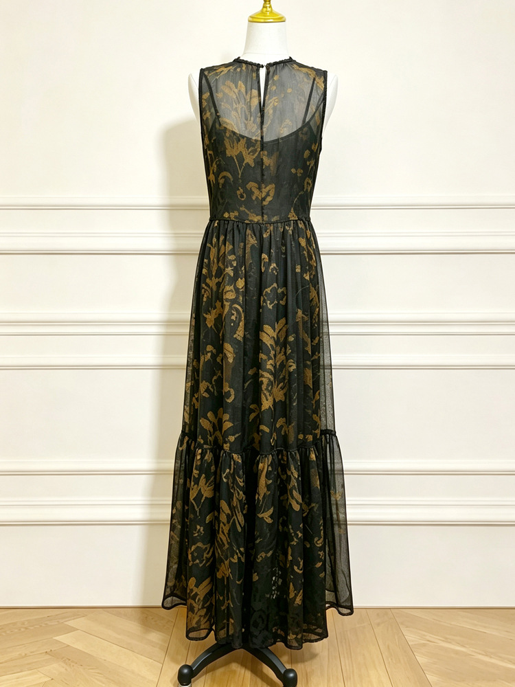 Long round neck vest printing spring and summer dress