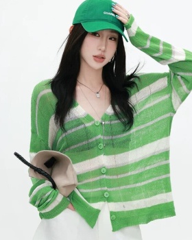 Green thin loose smock breathable summer stripe tops