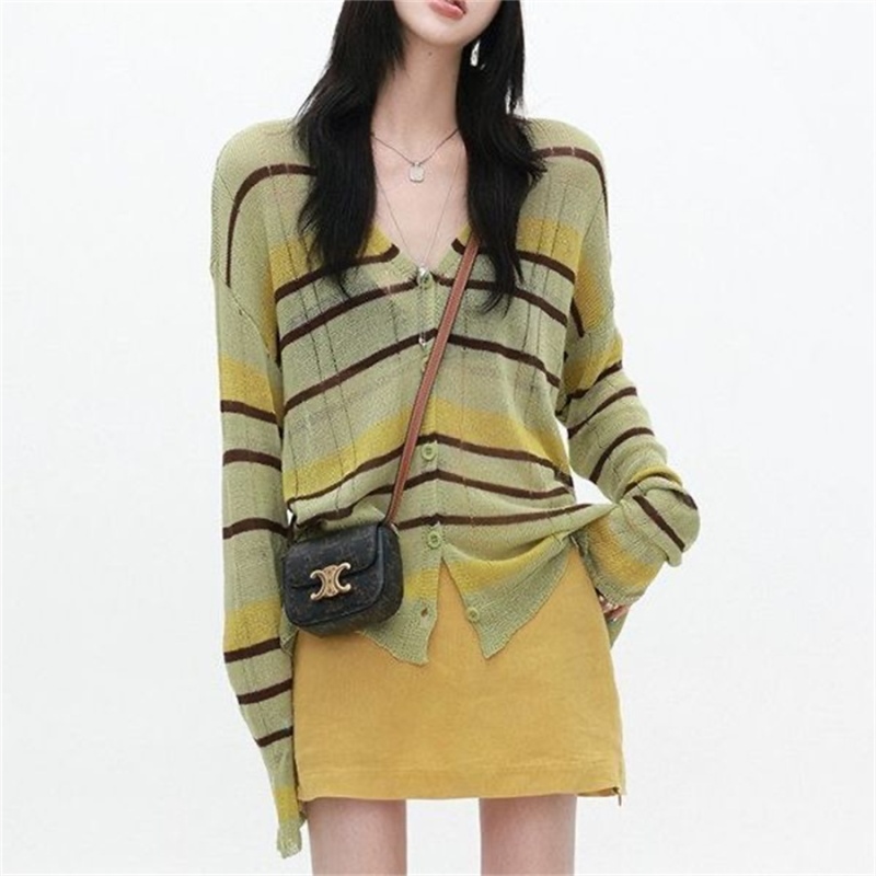 Green thin loose smock breathable summer stripe tops