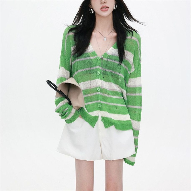 Green thin loose smock breathable summer stripe tops