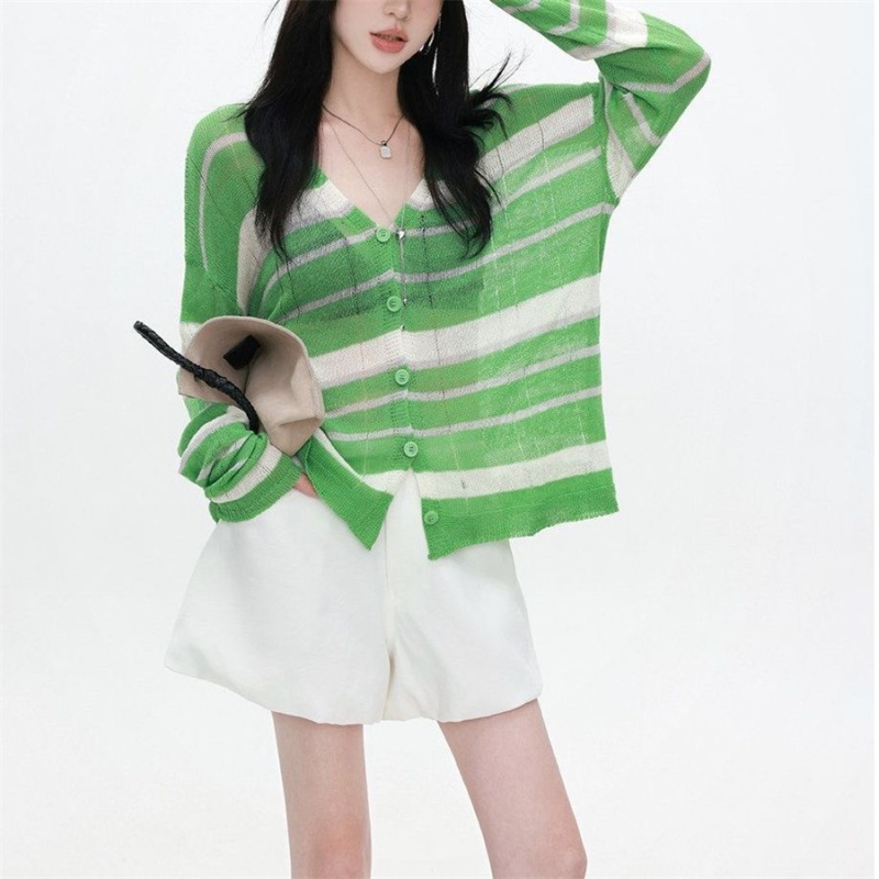 Green thin loose smock breathable summer stripe tops