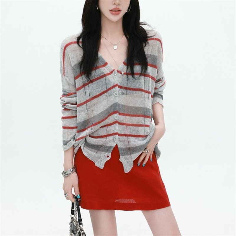 Green thin loose smock breathable summer stripe tops