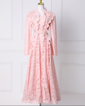 Wood ear splice lace dress pearl temperament belt