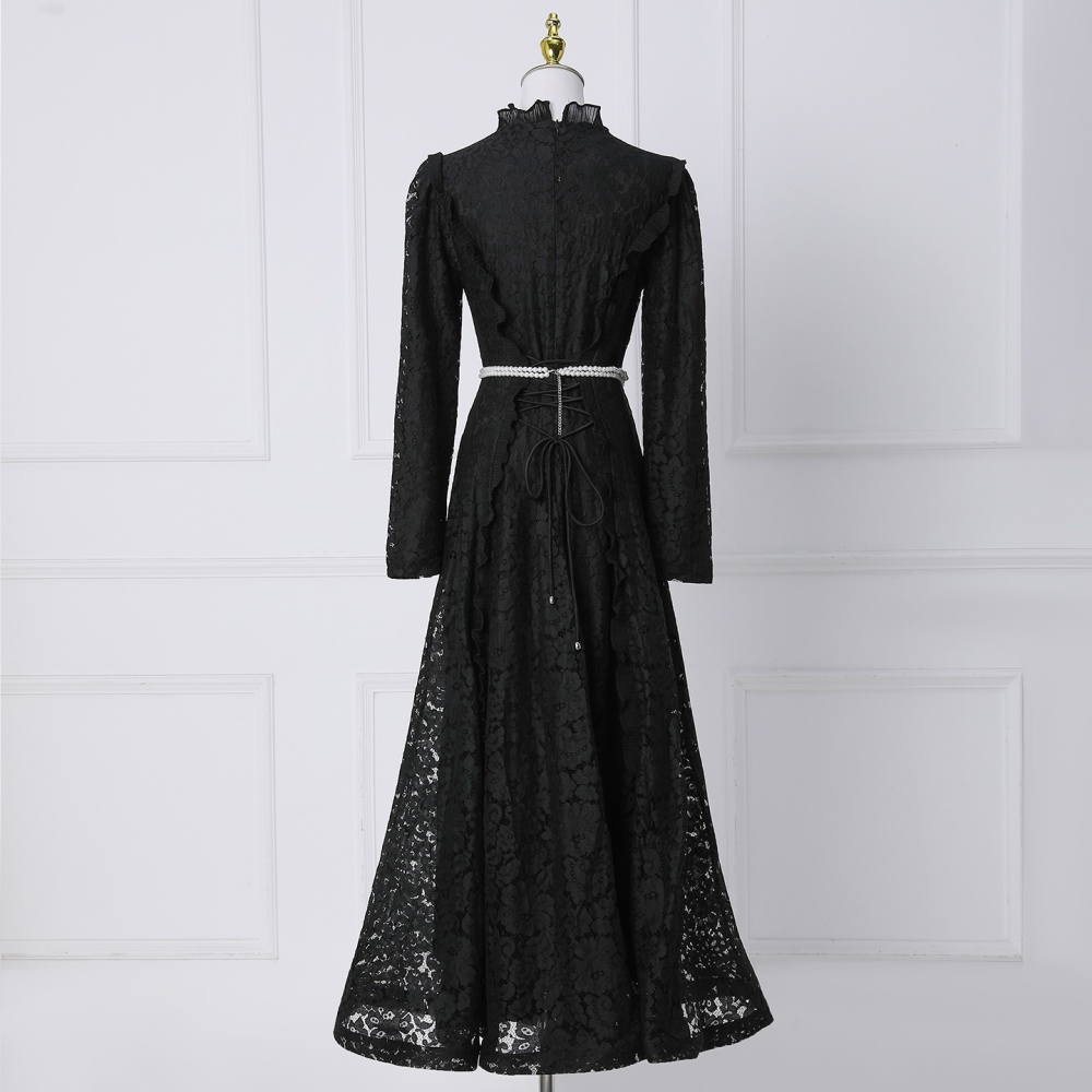 Wood ear splice lace dress pearl temperament belt