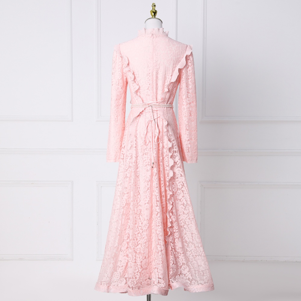 Wood ear splice lace dress pearl temperament belt