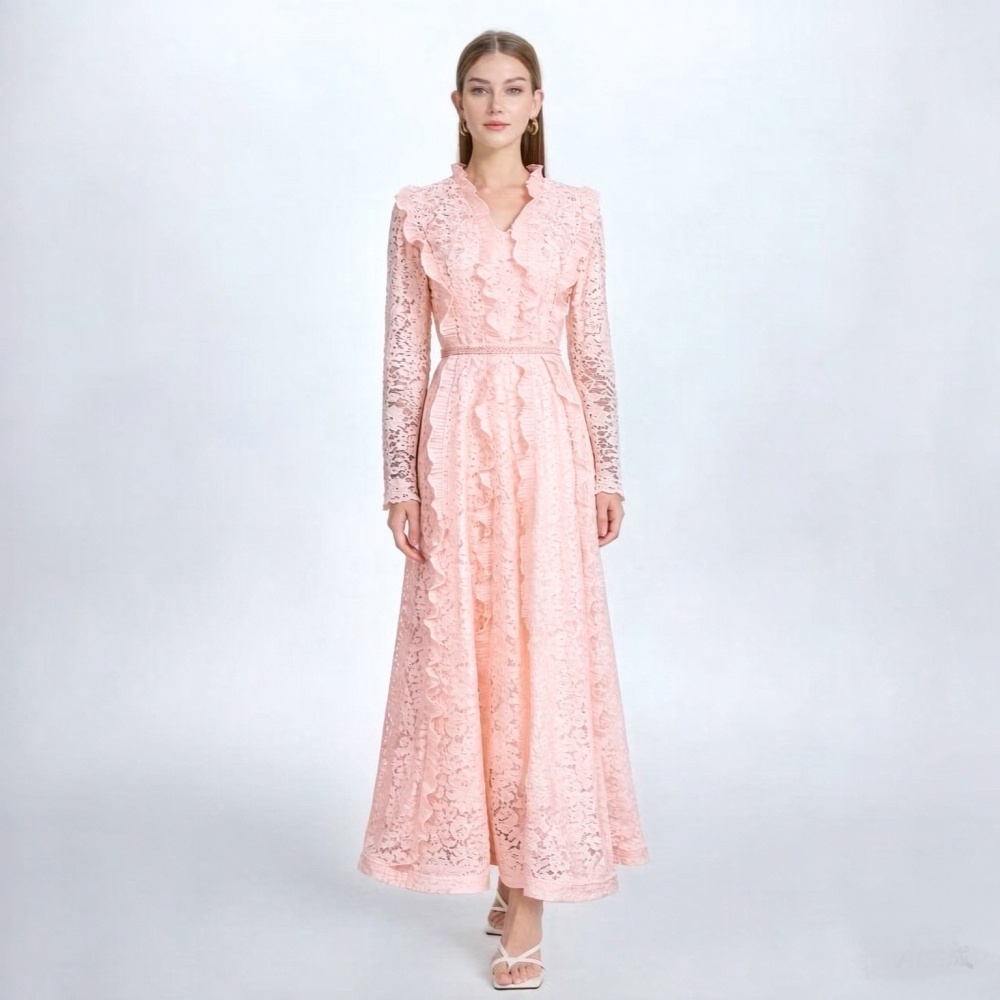 Wood ear splice lace dress pearl temperament belt
