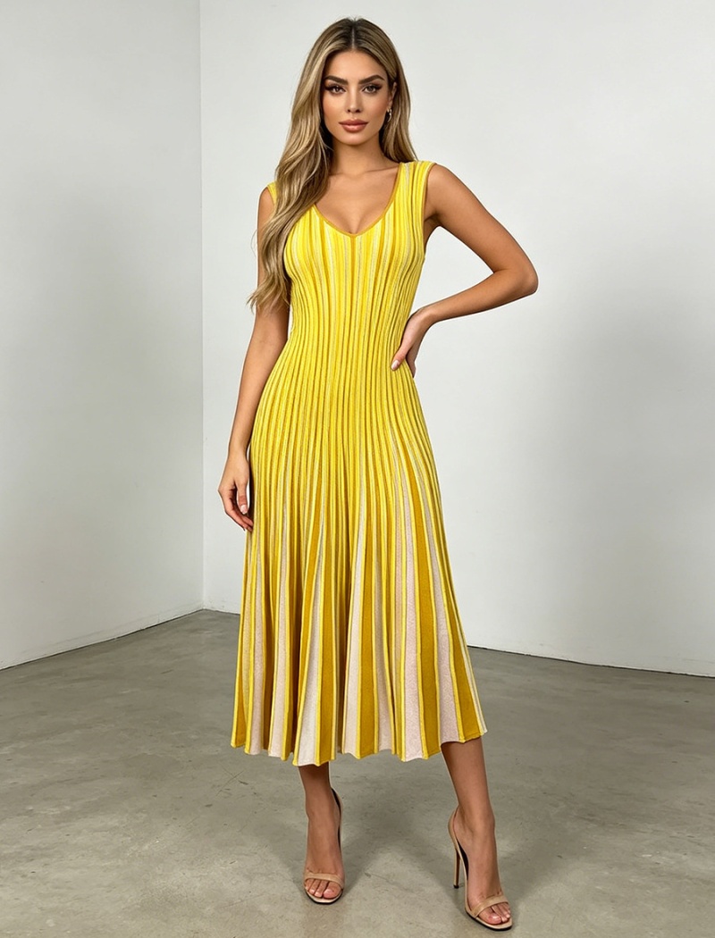 Yellow knitted stripe vest V-neck France style dress