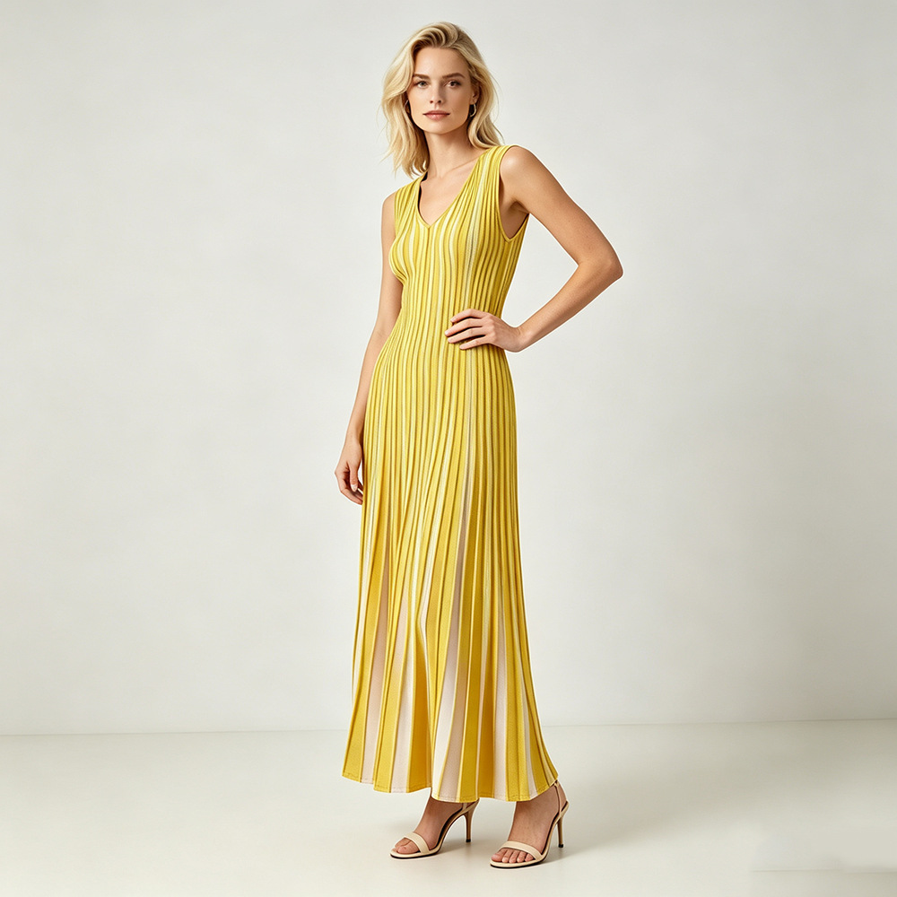 Yellow knitted stripe vest V-neck France style dress