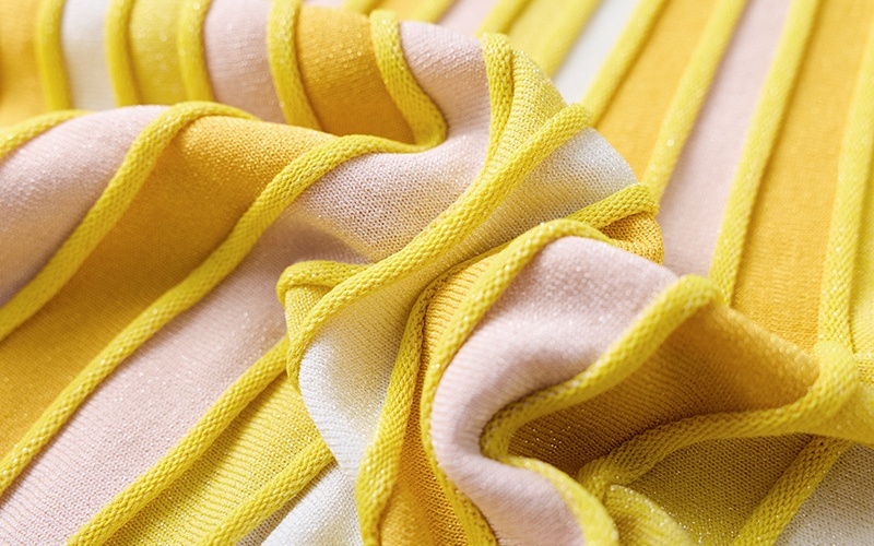 Yellow knitted stripe vest V-neck France style dress