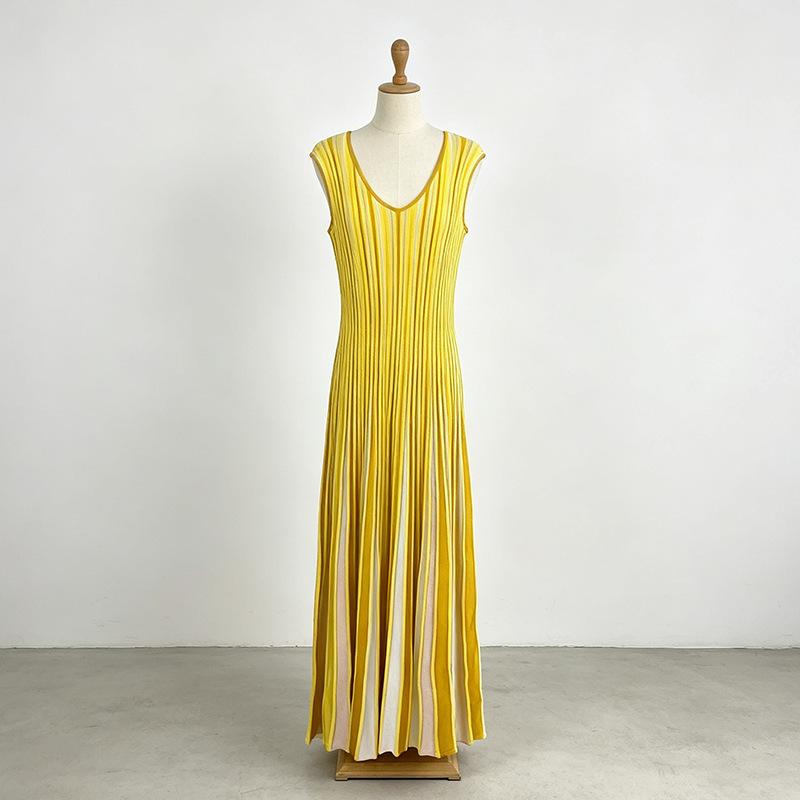 Yellow knitted stripe vest V-neck France style dress