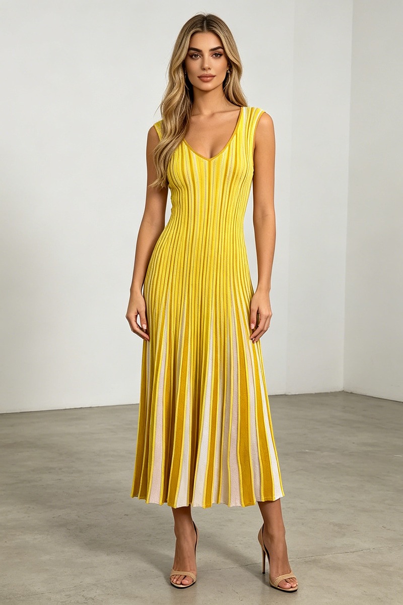 Yellow knitted stripe vest V-neck France style dress
