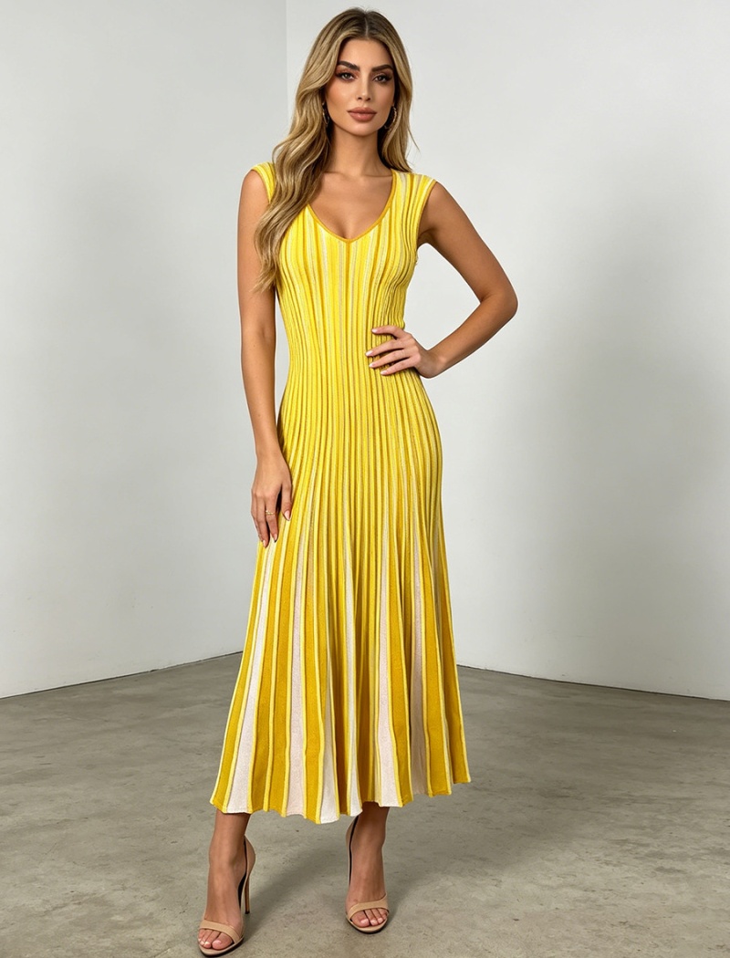 Yellow knitted stripe vest V-neck France style dress