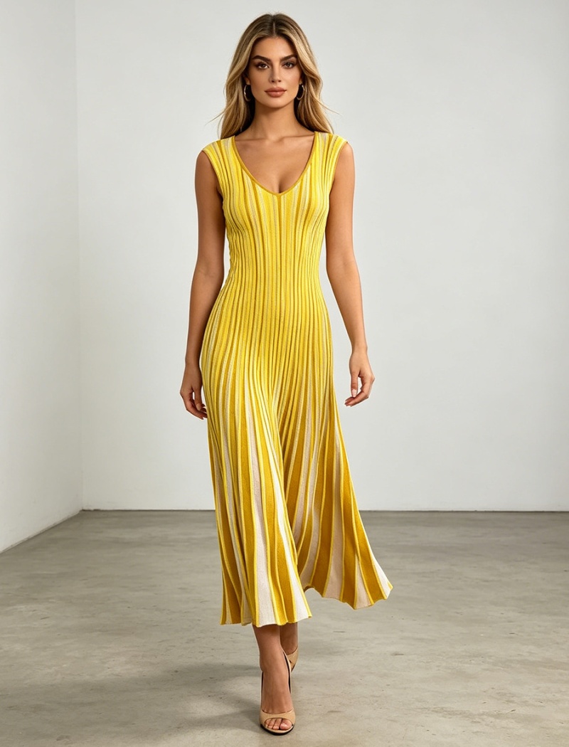 Yellow knitted stripe vest V-neck France style dress