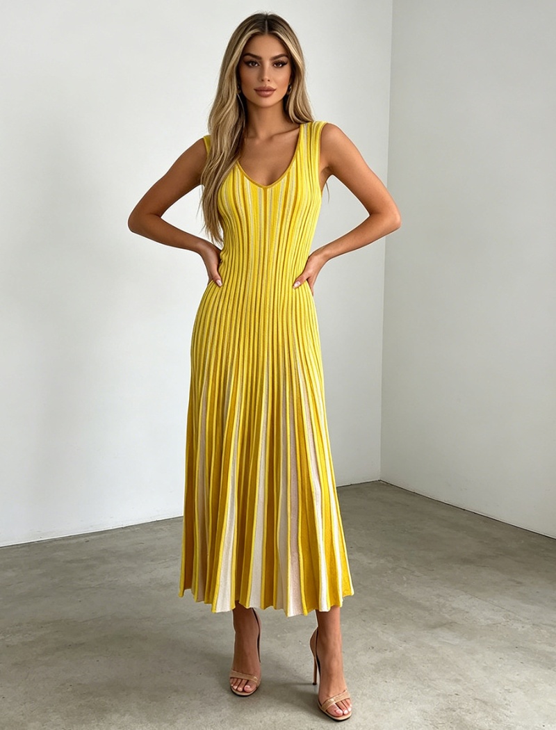 Yellow knitted stripe vest V-neck France style dress