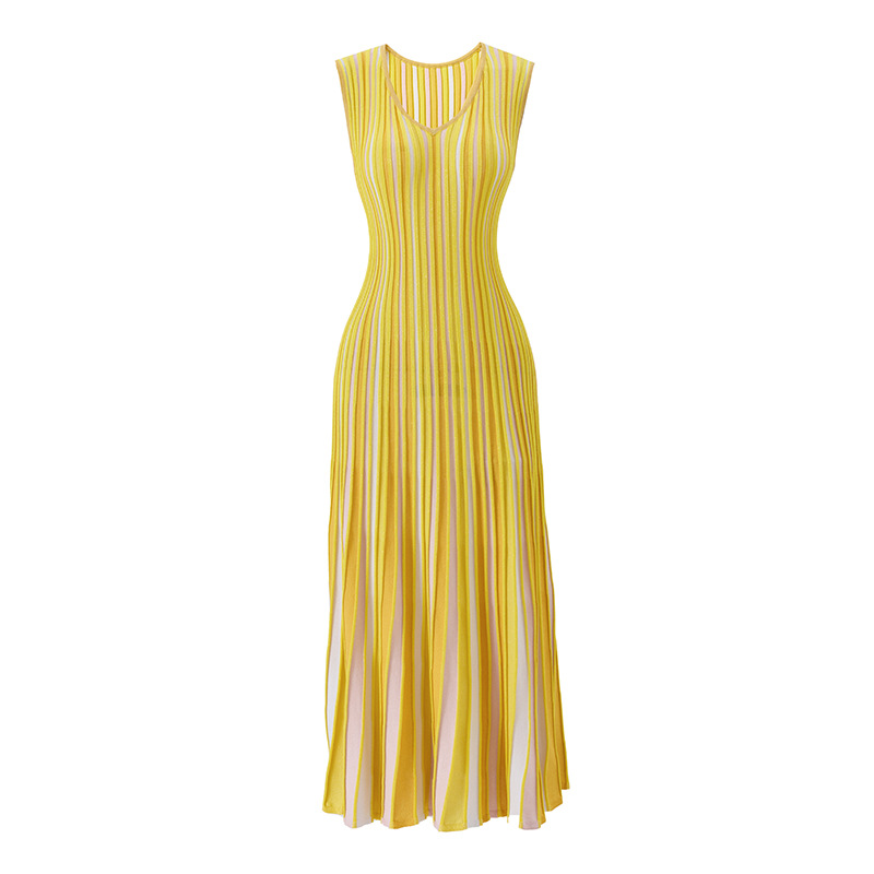 Yellow knitted stripe vest V-neck France style dress