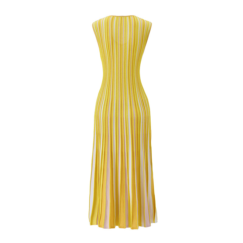 Yellow knitted stripe vest V-neck France style dress