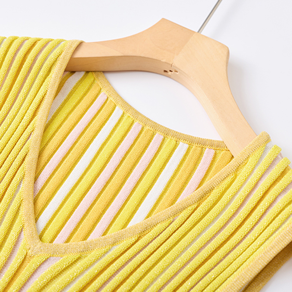 Yellow knitted stripe vest V-neck France style dress