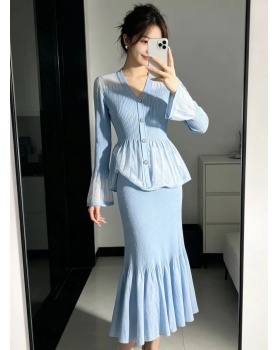 Knitted temperament V-neck long sleeve dress
