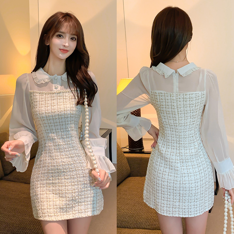 European style white long sleeve chanelstyle autumn dress