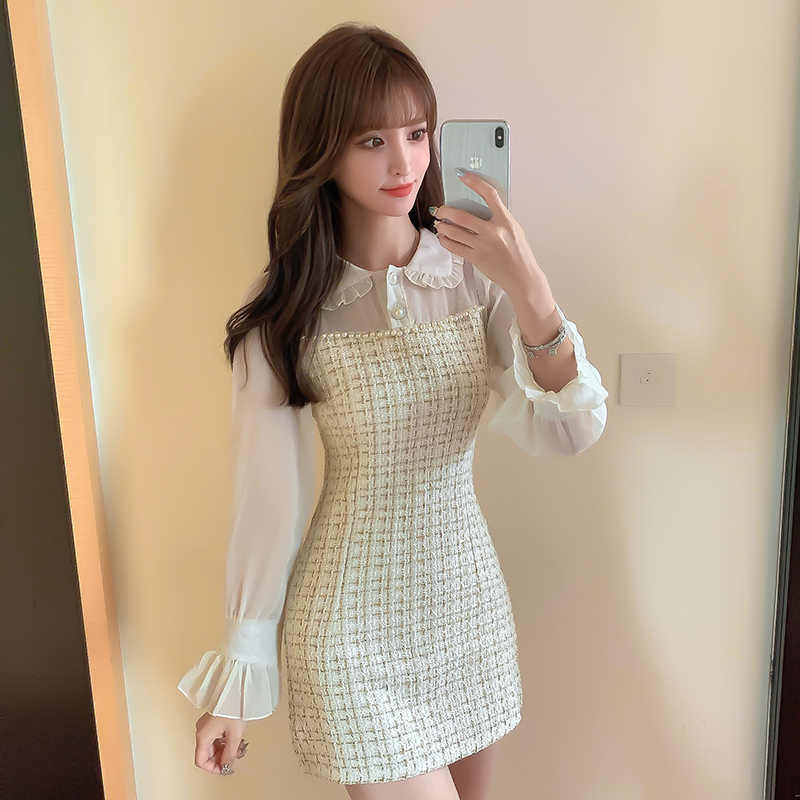 European style white long sleeve chanelstyle autumn dress