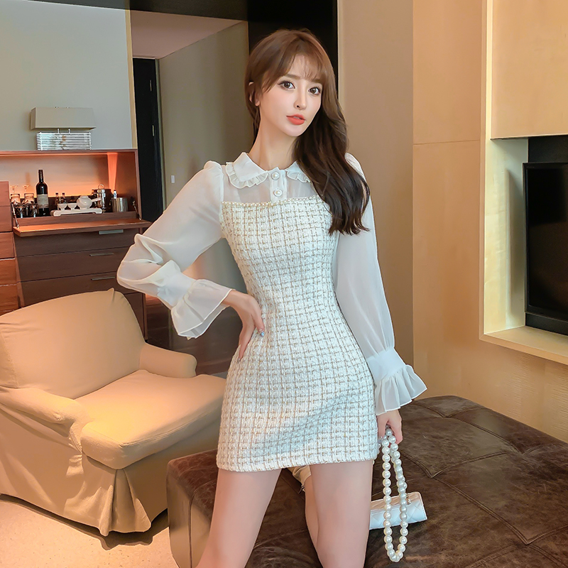 European style white long sleeve chanelstyle autumn dress