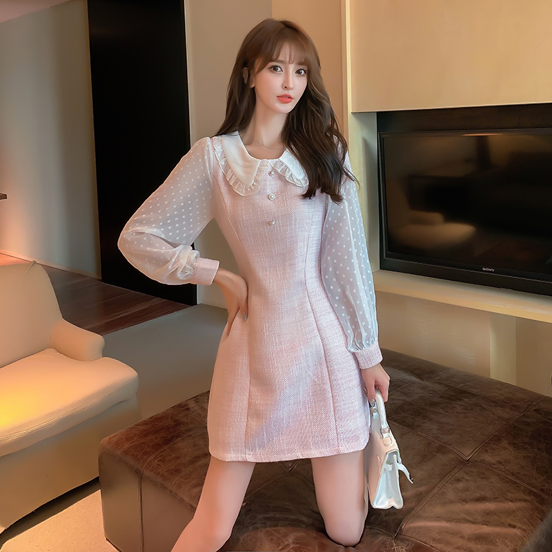 Pinched waist Western style pink dress for women
