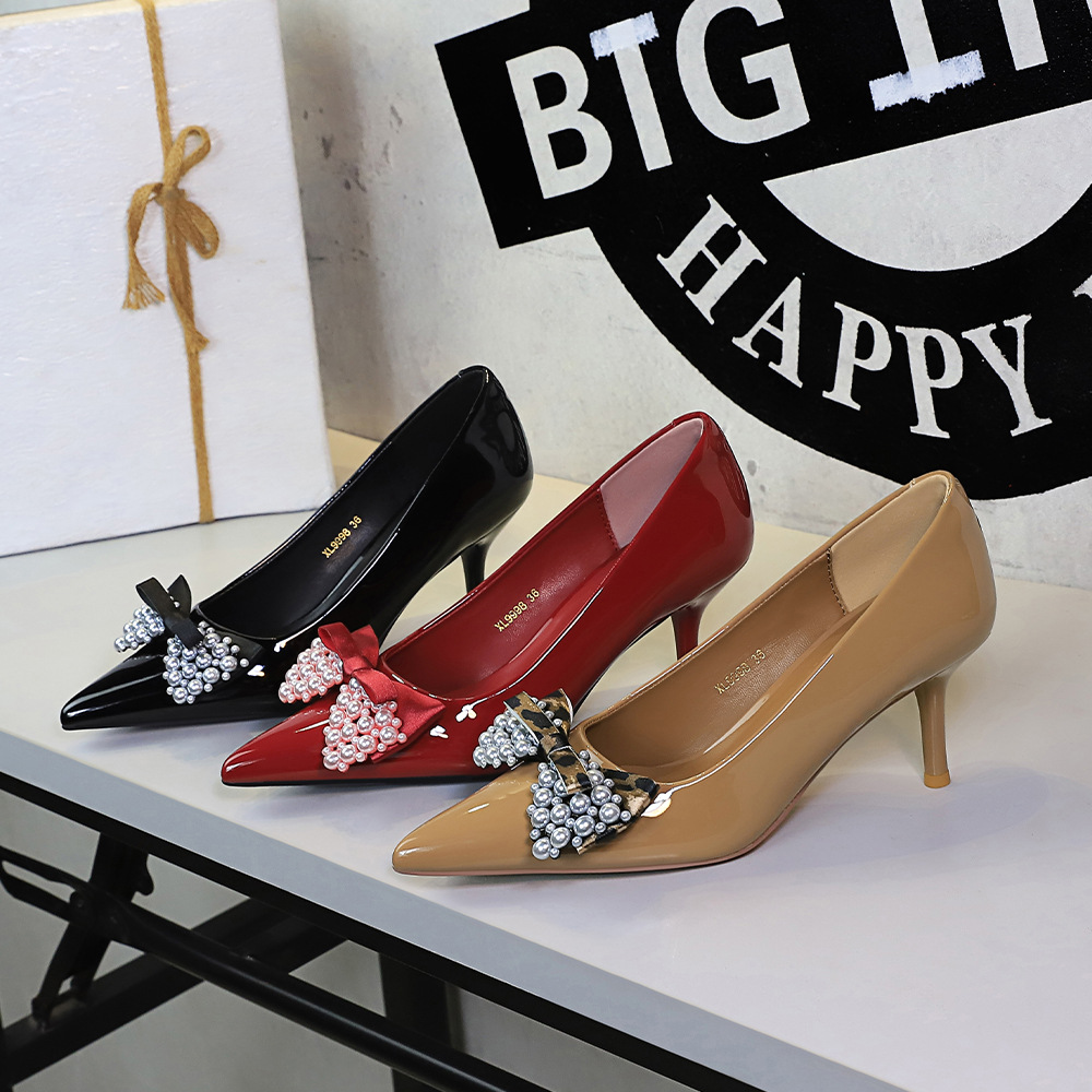 Bow pointed sexy high-heeled shoes fashion pearl shoes