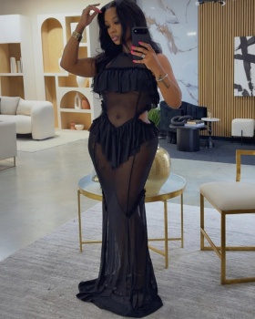 Gauze perspective long dress halter jumpsuit