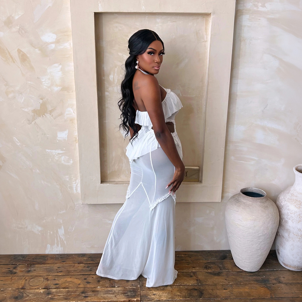 Gauze perspective long dress halter jumpsuit