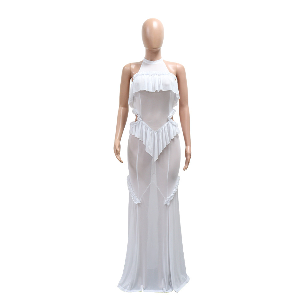 Gauze perspective long dress halter jumpsuit