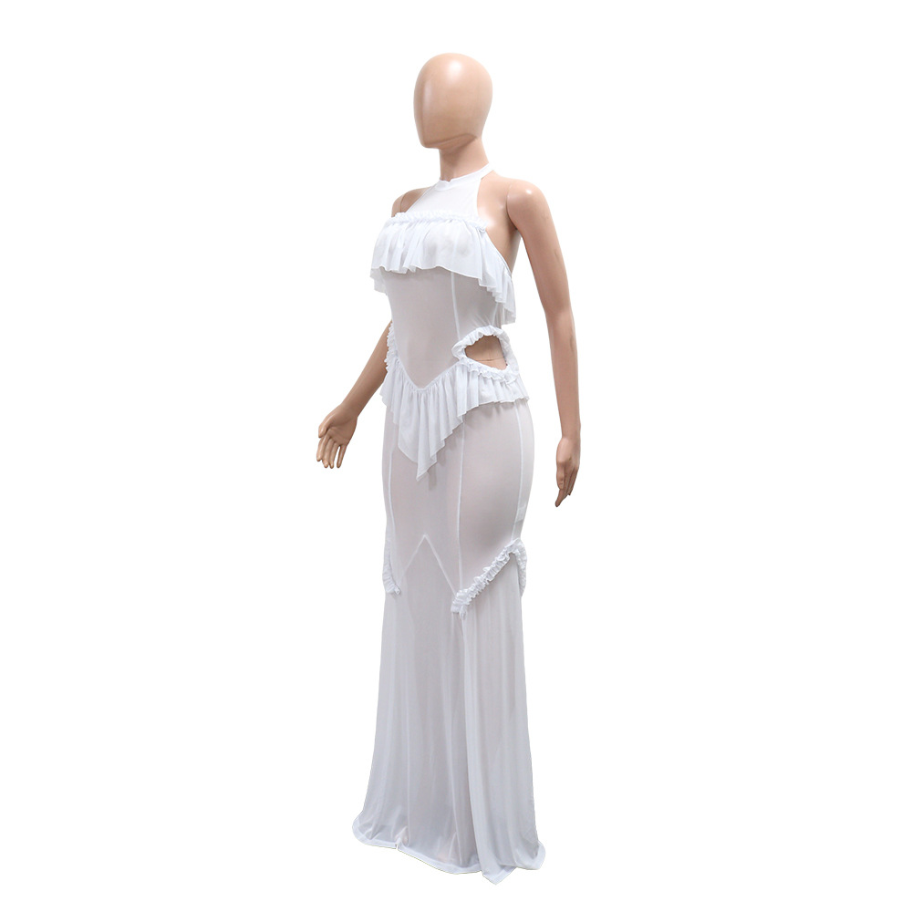 Gauze perspective long dress halter jumpsuit