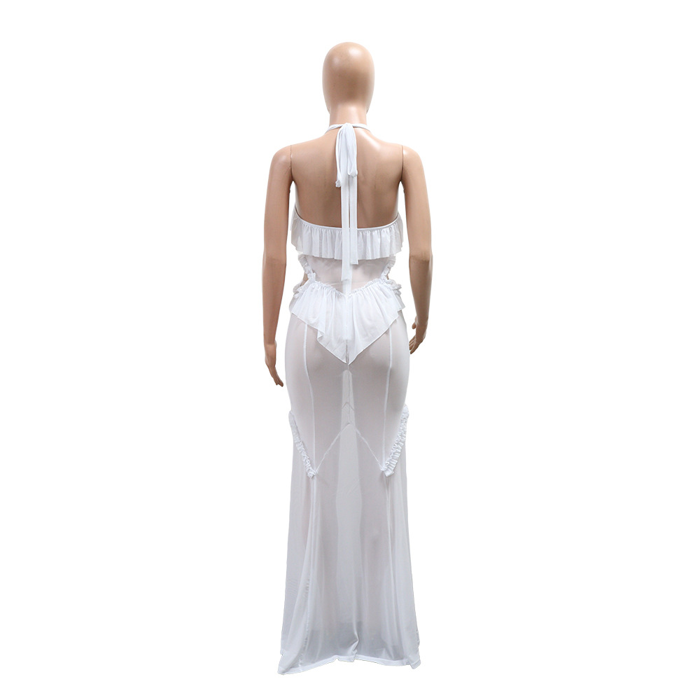 Gauze perspective long dress halter jumpsuit
