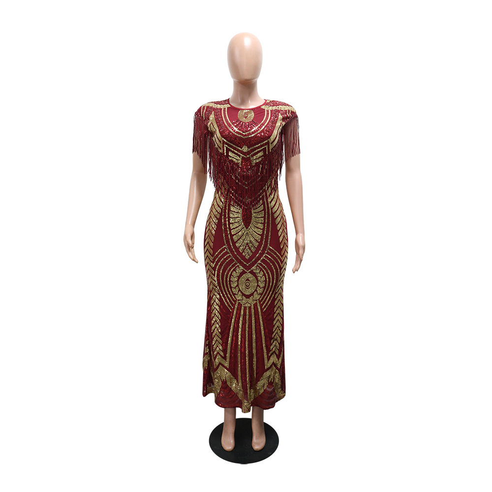 Tassels round neck fashion slim sequins European style dress