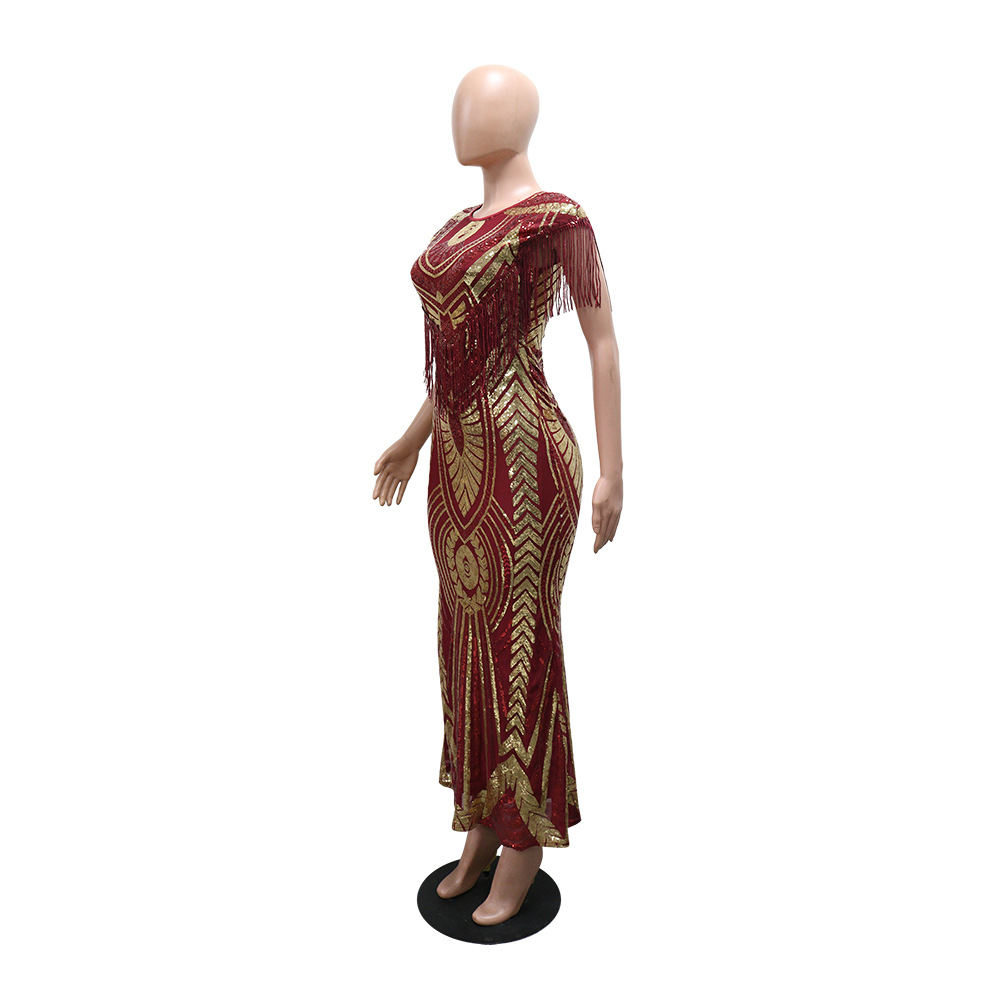 Tassels round neck fashion slim sequins European style dress